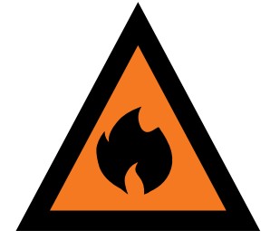 Watch and Act Fire Warning black flame in an orange triangle